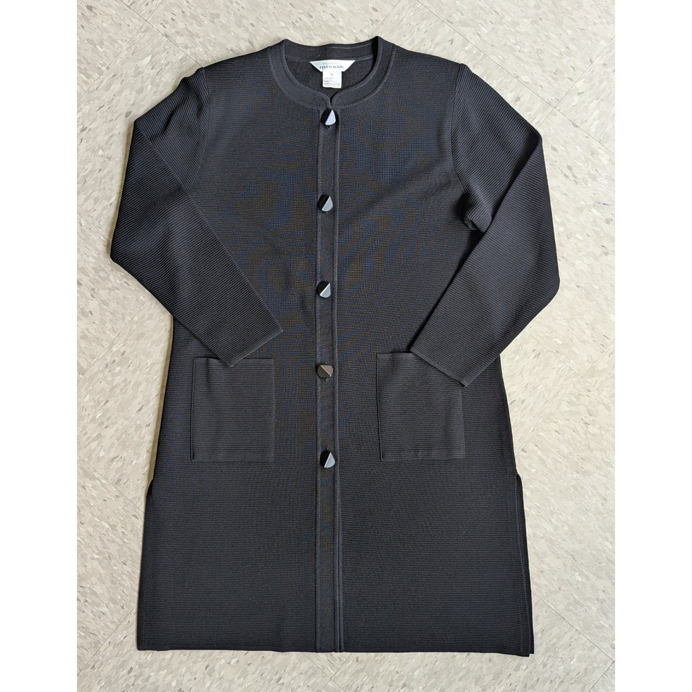 Misook Black Textured Knit Longline Cardigan Jacket Shoulder Pads Buttons Size M